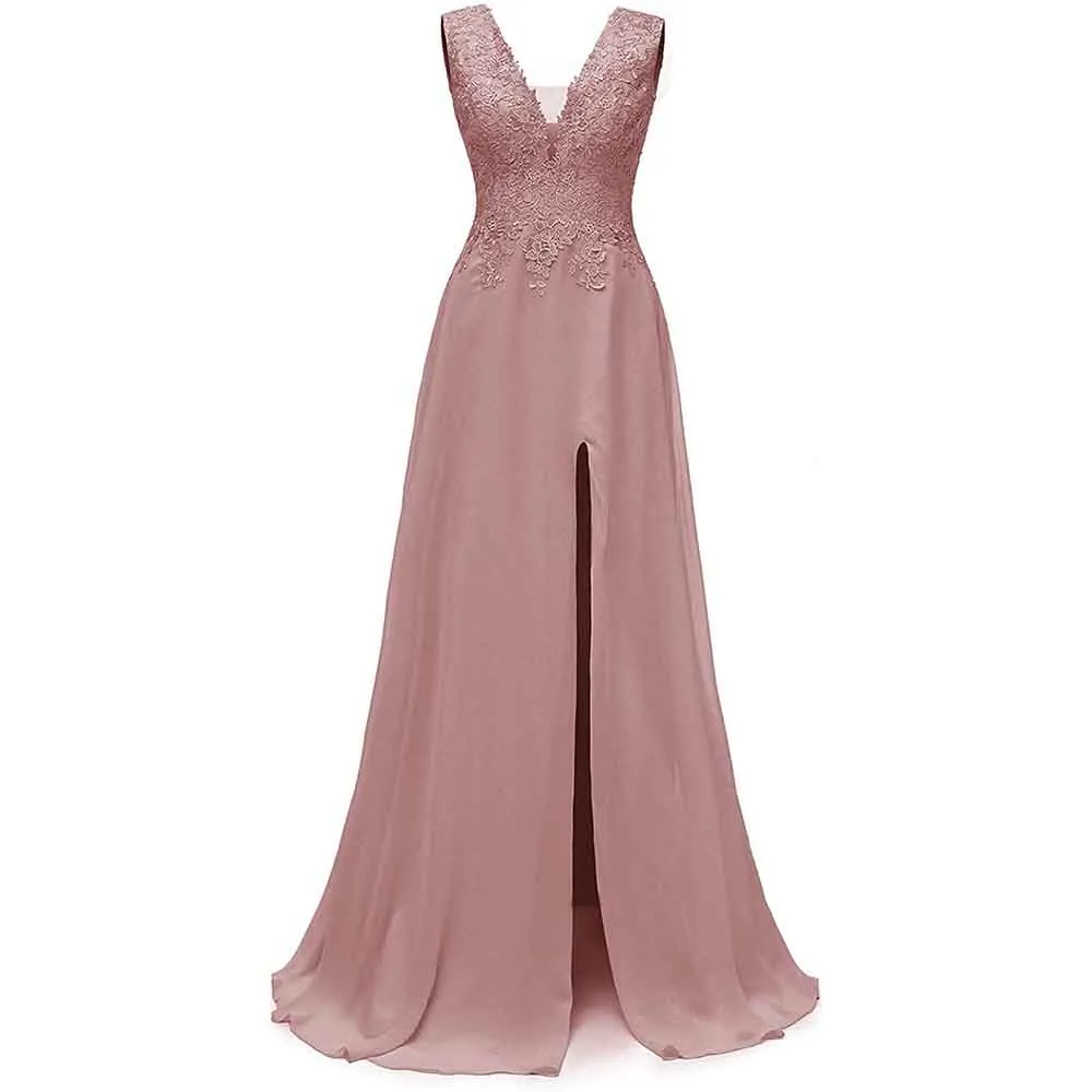 Wedding Bridesmaid Dress Long V Neck Lace Prom Dress Appliques Formal Evening Gowns