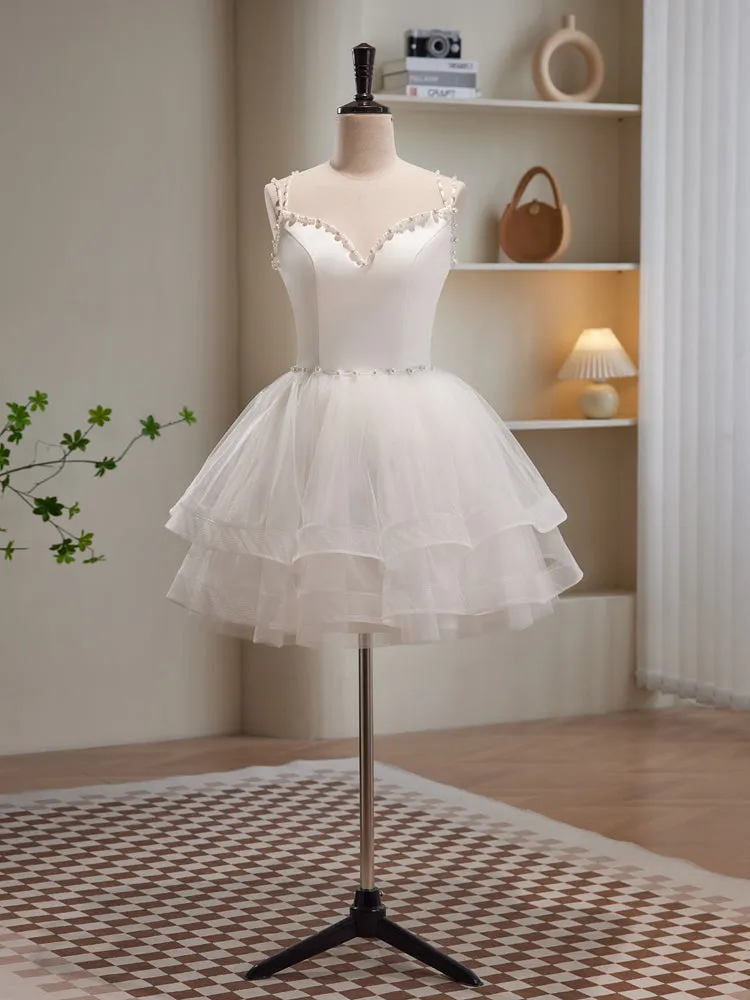 White Spaghetti Strap Tulle Short Prom Dress Cute A-Line Party Dress