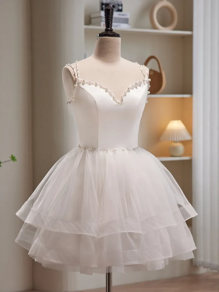 White Spaghetti Strap Tulle Short Prom Dress Cute A-Line Party Dress