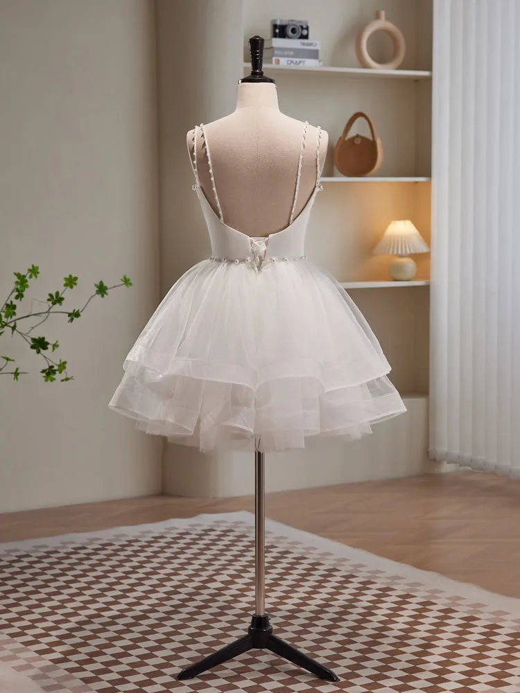 White Spaghetti Strap Tulle Short Prom Dress Cute A-Line Party Dress