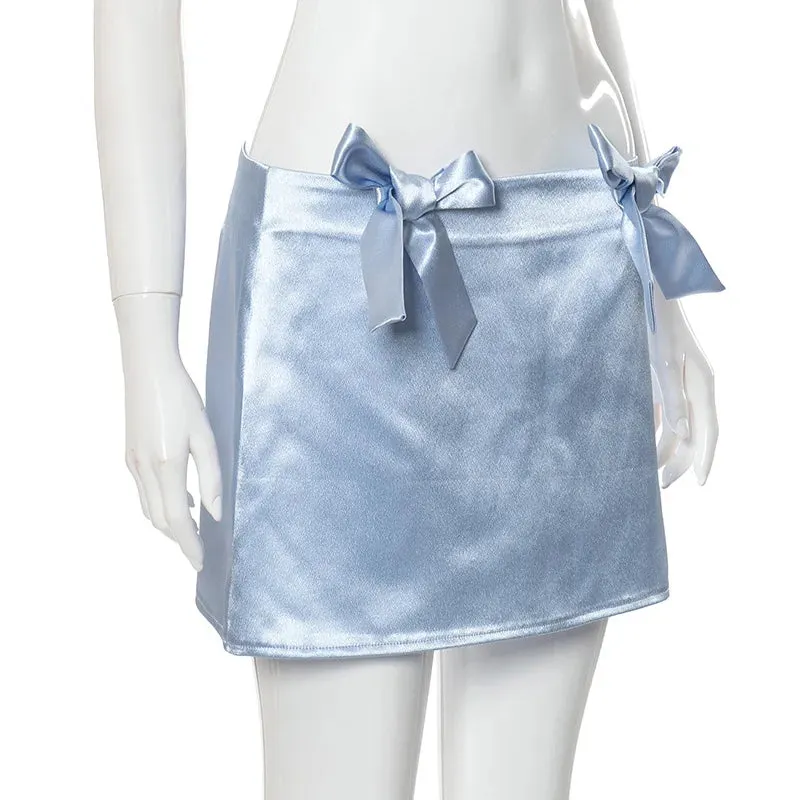 Women Bow Lace up Graceful Solid Silk Mini Skirts