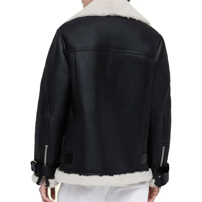 Women's Black Leather Shearling Biker Jacket