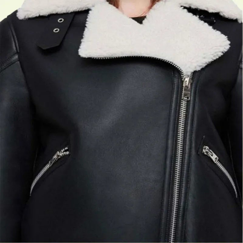 Women's Black Leather Shearling Biker Jacket