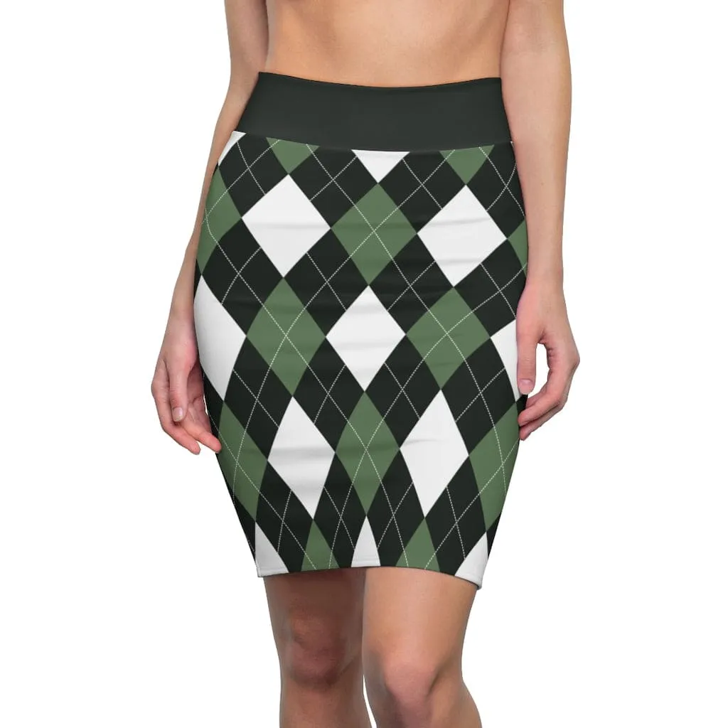 Womens Pencil Skirt - Green and White Argyle Stretch Mini - S510537