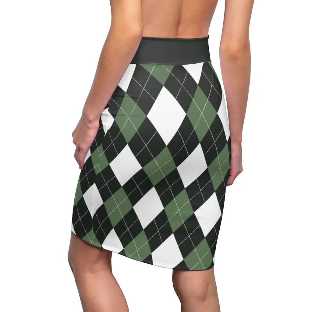 Womens Pencil Skirt - Green and White Argyle Stretch Mini - S510537