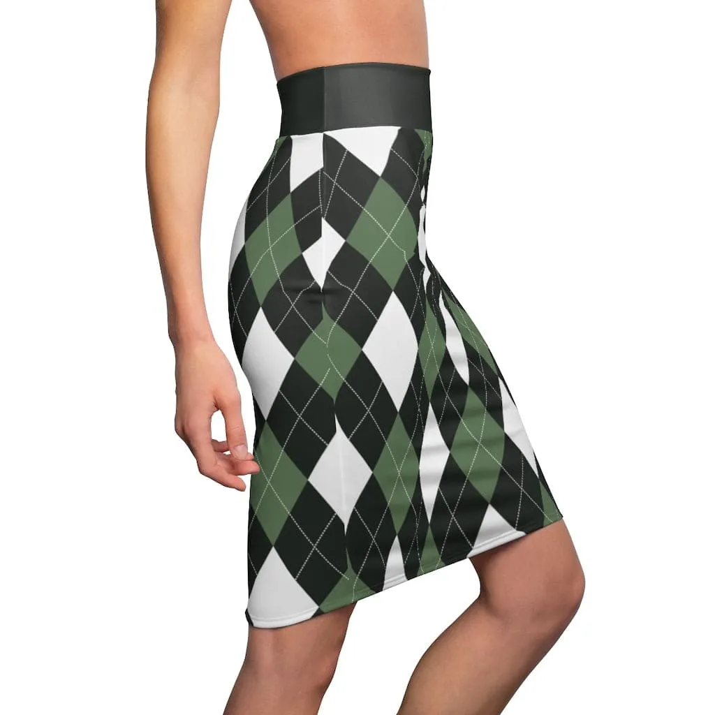 Womens Pencil Skirt - Green and White Argyle Stretch Mini - S510537