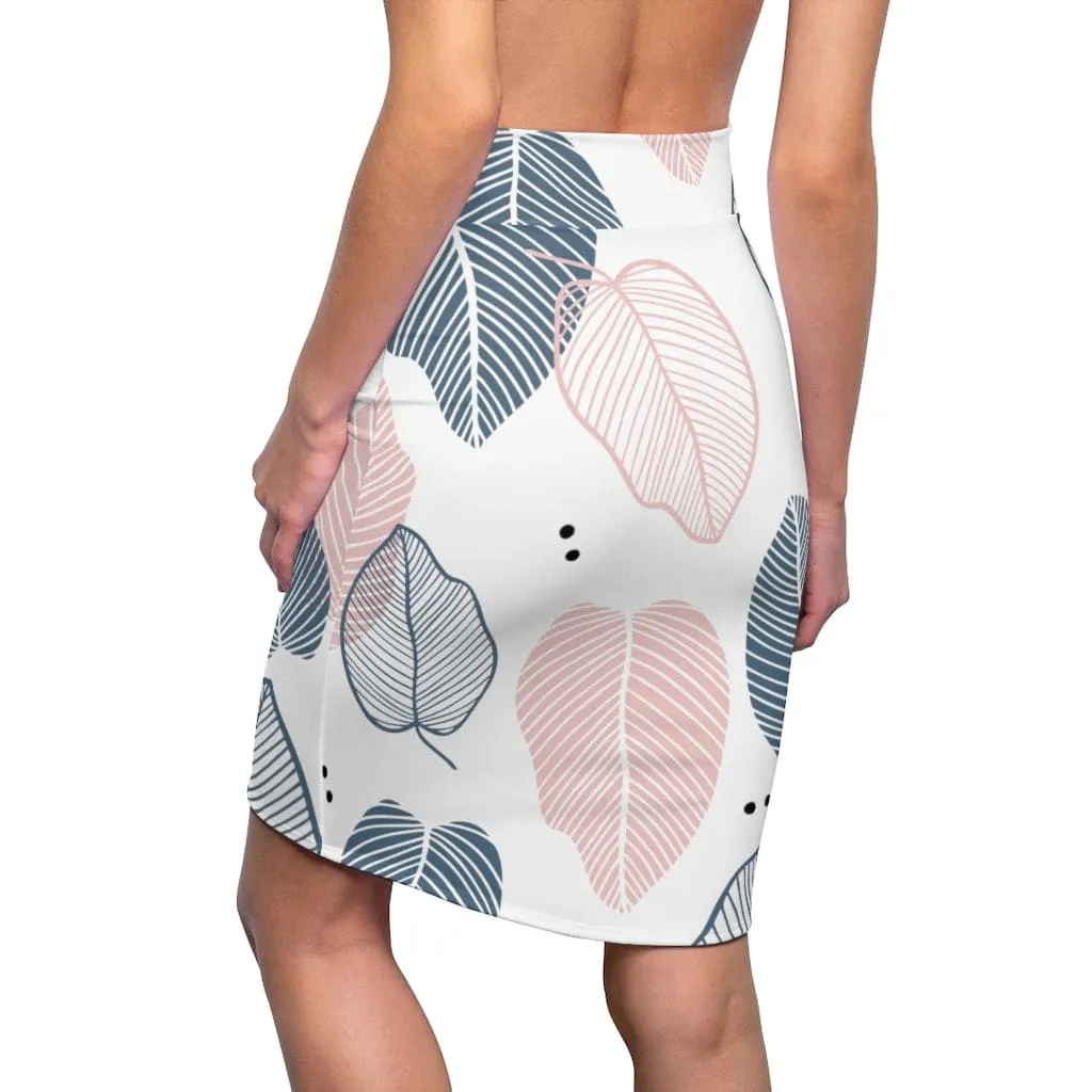 Womens Pencil Skirt - High Waist Stretch - Pastel Color Leaves