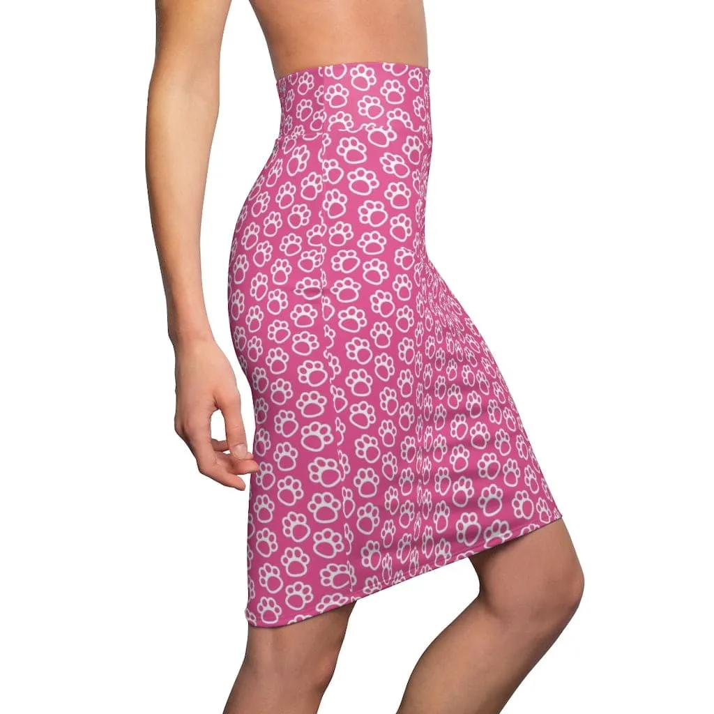 Womens Pencil Skirt - Pink and White Paws Stretch Mini - S294025