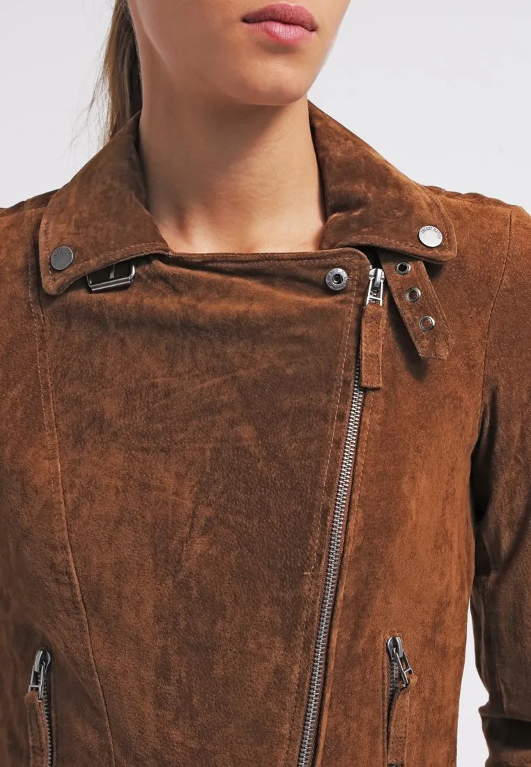 Women’s Trendy Tan Brown Suede Leather Biker Jacket