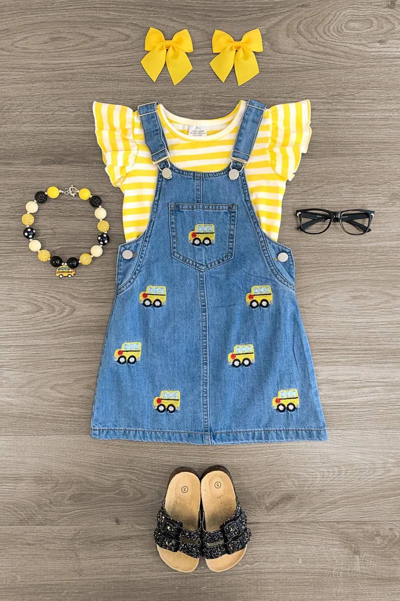 Yellow Bus Striped Jumper Dress Set