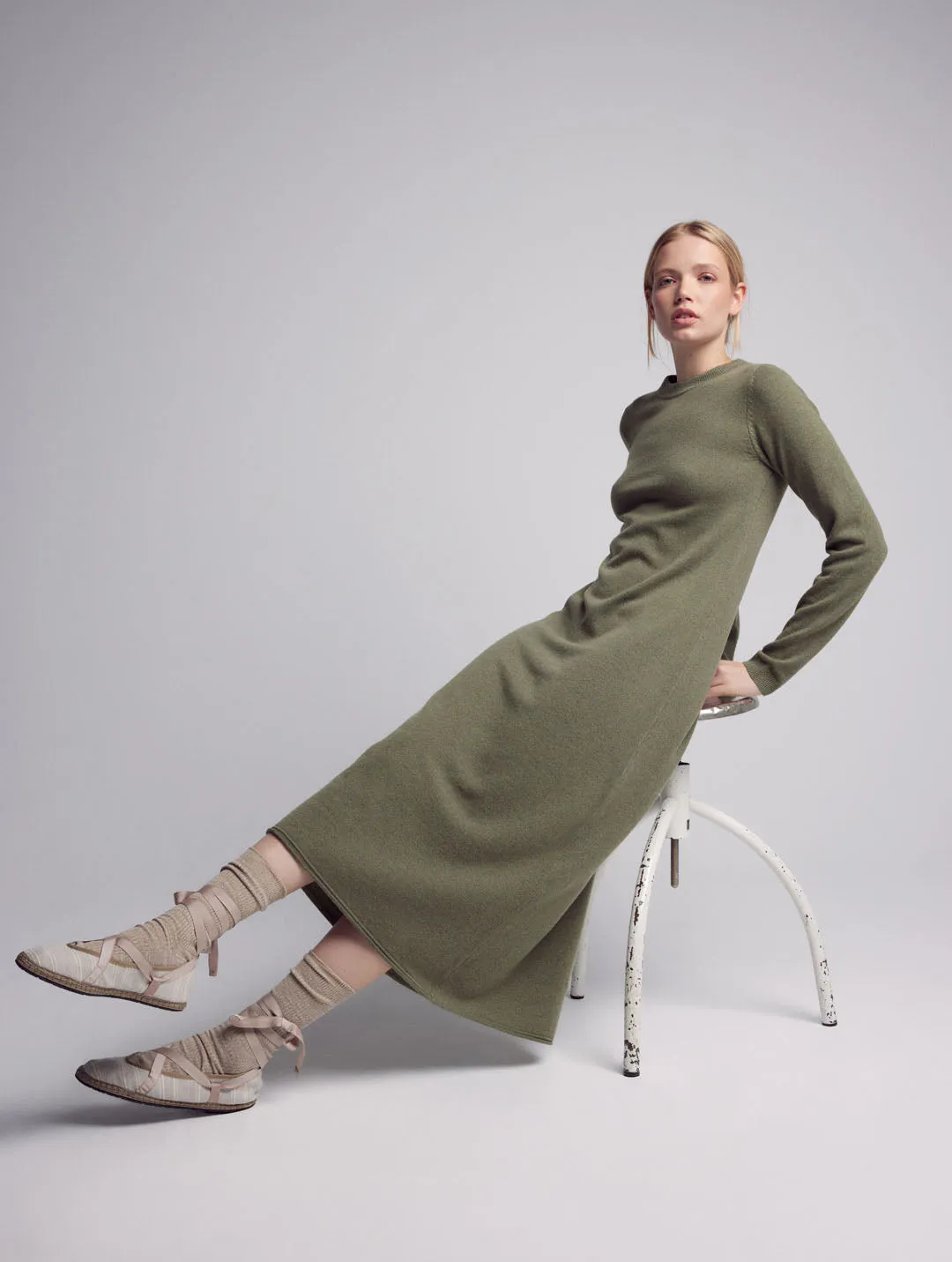 Zoe Cashmere Knitted Long Sleeve Dress Green