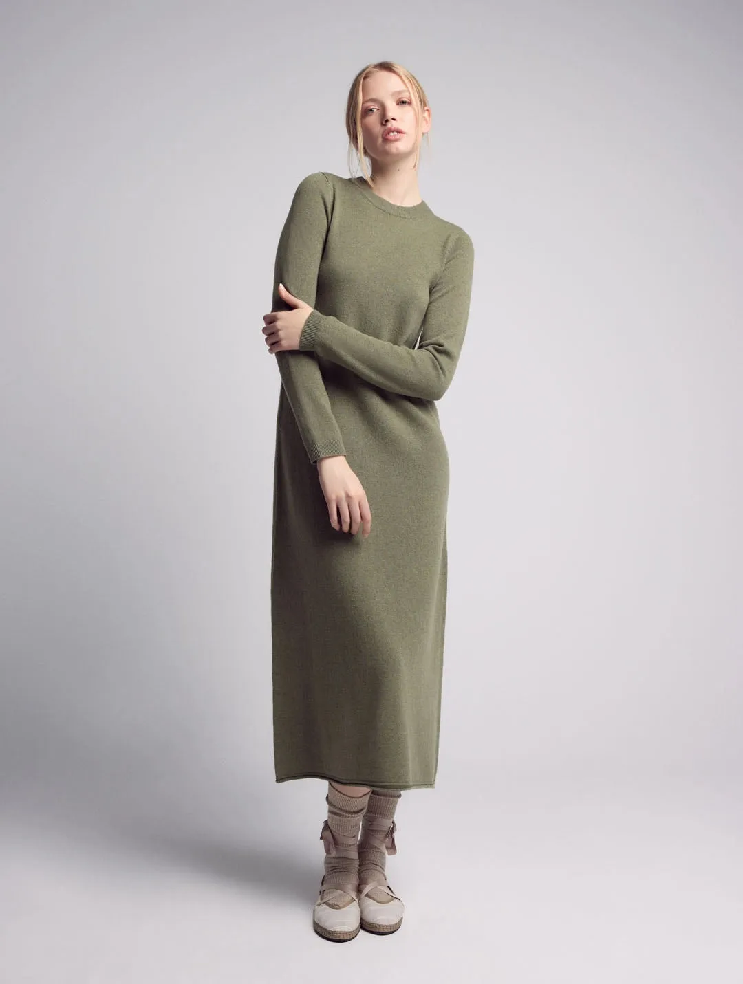 Zoe Cashmere Knitted Long Sleeve Dress Green